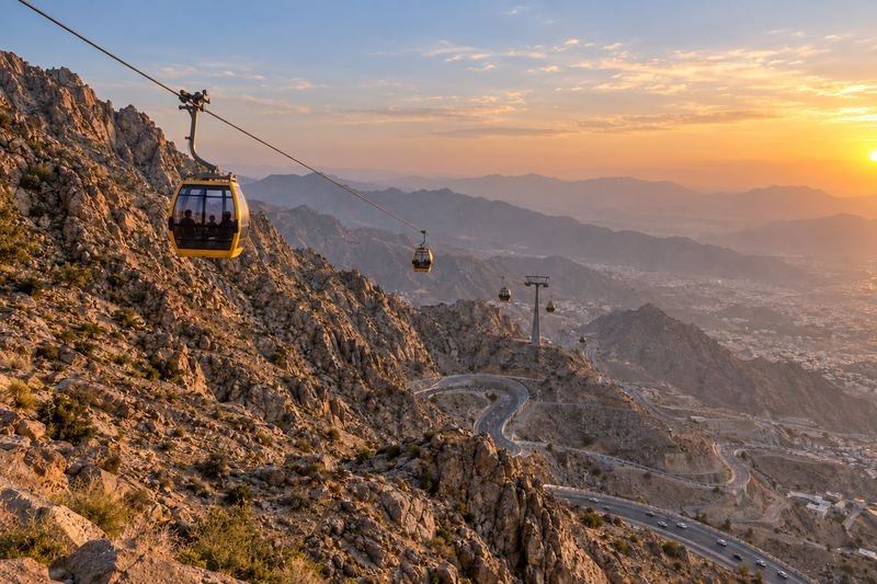 عربات التلفريك فوق مرتفعات الهدا في الطائف عند الغروب