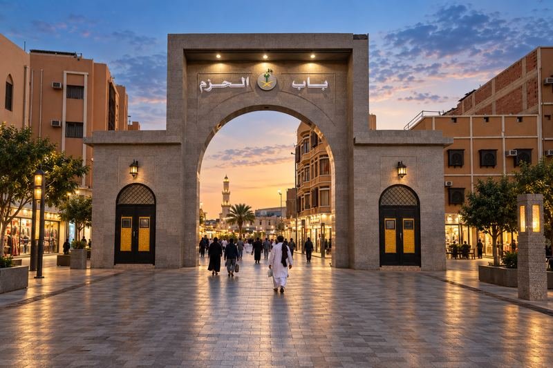 بوابة باب الحزم التاريخية في الطائف مضاءة عند الغروب